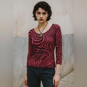 Bob Mackie Studio Womens Sz M Zebra Stripe Pink Brown Silk Liquid Fabric Artsy